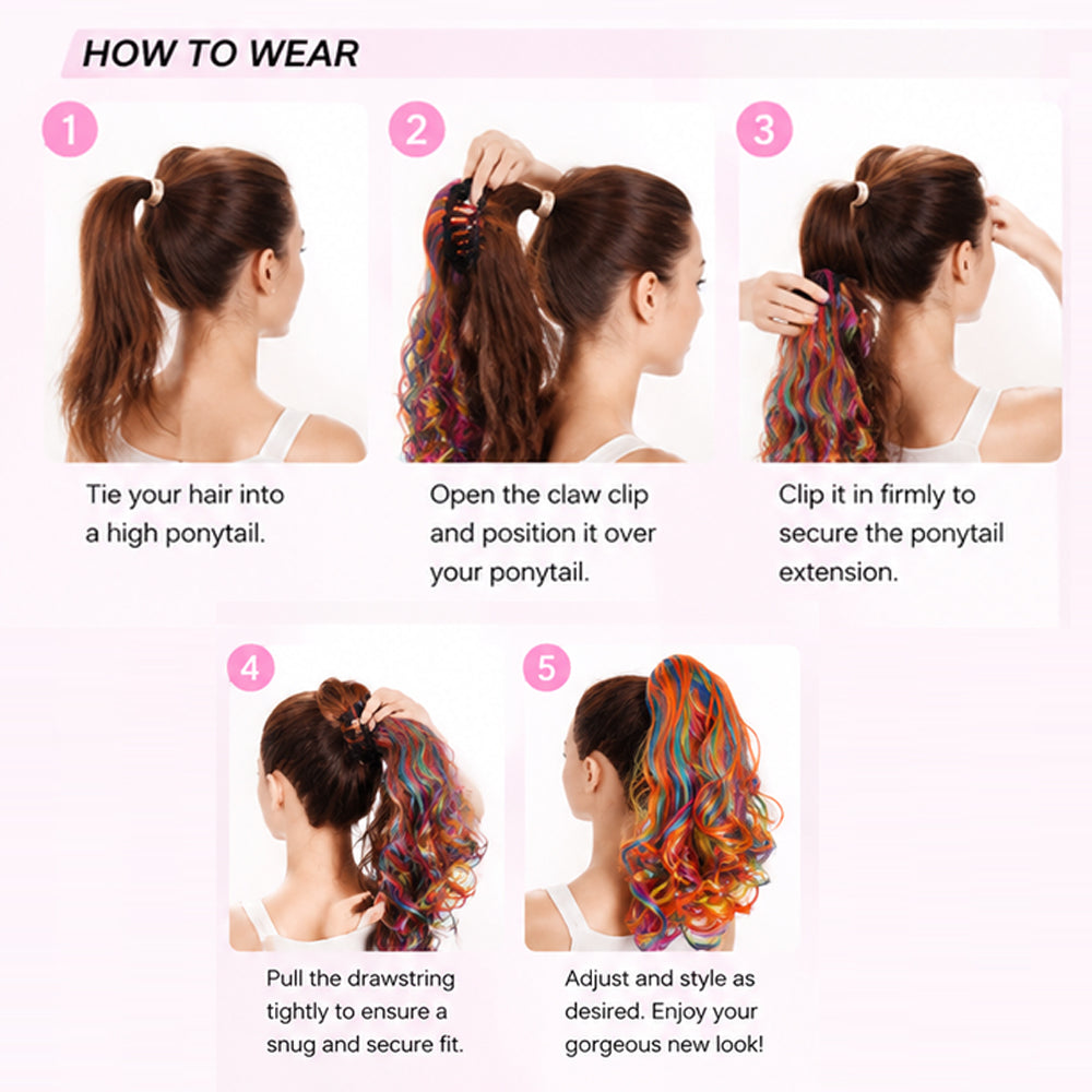 18-Inch Multicolor Colorful Claw Clip Ponytail -Heat Resistant Synthetic Hair Curly Hair Ponytail Hairpiece Cheerleading Hairstyle For Football Game, Fashion Long Wavy Hair Extension For Music Festivals, Party, Vocation