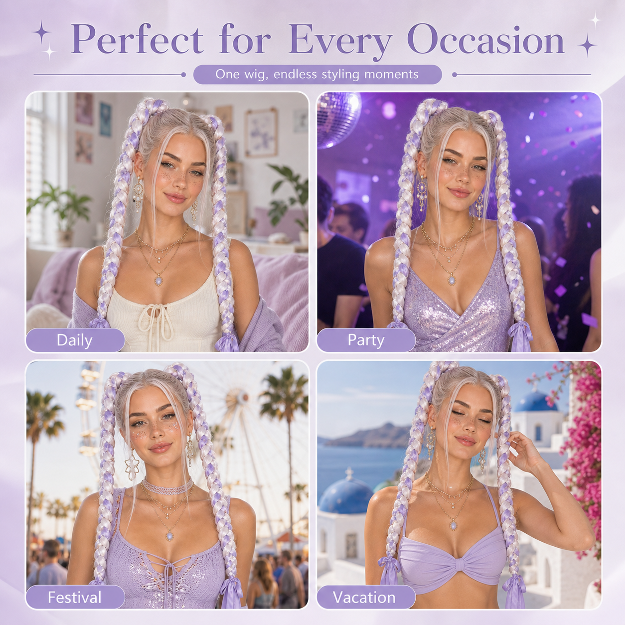XC CLOUDS™ Fairycore Lavender Bubble Braids – Festival Ready Y2K Statement Hair
