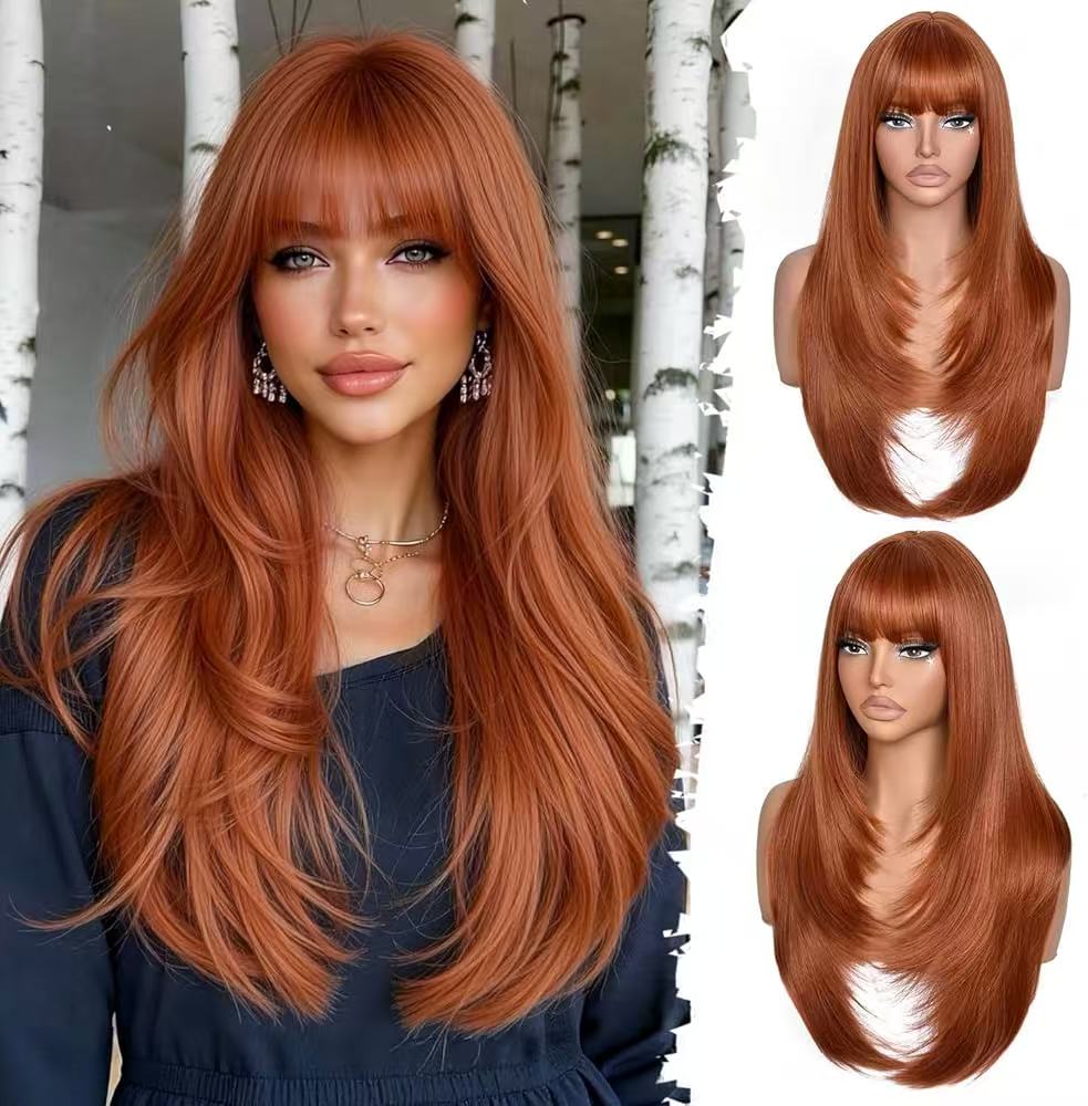 Long Layered Ginger Wig with Bangs for Women 26 Inch Scalp Heat Resistant Synthetic Wig Looking Ginger Orange Wigs for Daily Wear & Part