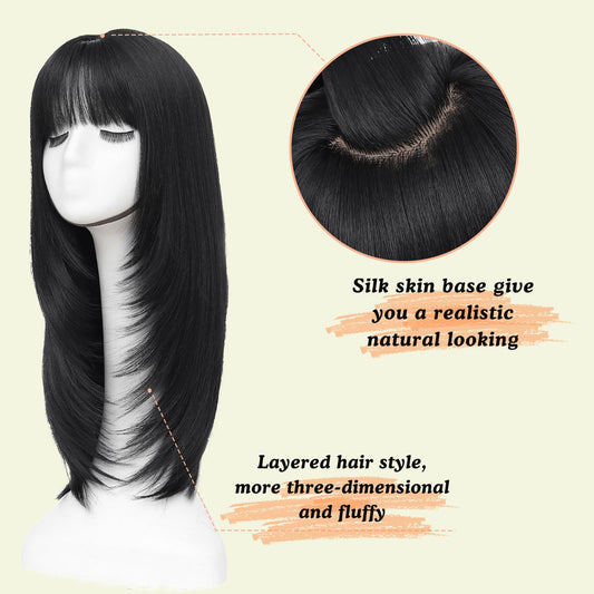Hair Topper,360° 3D Hair Toppers for Women with Thinning,7"X 8" Large Base 22 Inch Long Layered Synthetic Wig with Bangs for Daily Use