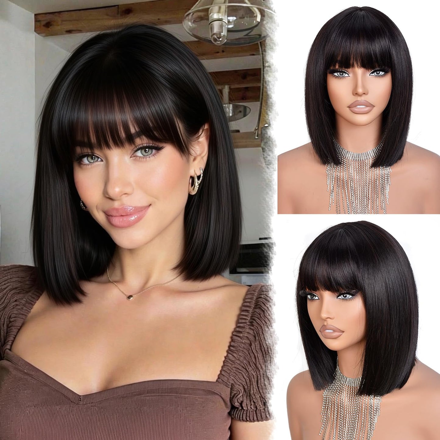 Bob Wig with Bangs for Black Women Short Straight Bob Wigs for Women Synthetic Fiber Natural Looking for Daily and Work Use