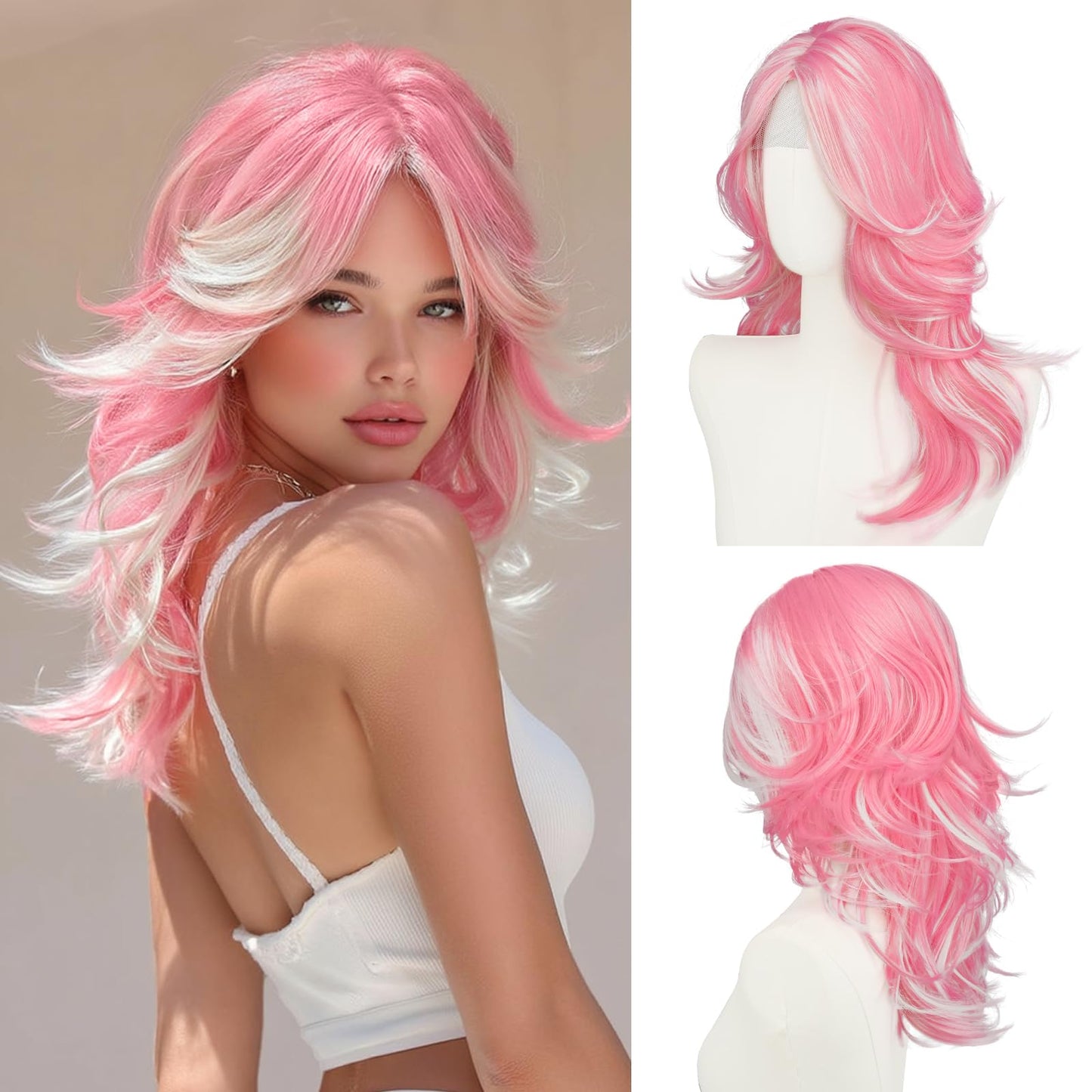 Layered Wigs with Curtain Bangs Lace Front Hairline Long Wavy Natural Looking Middle Part Synthetic Hair Wig for Women Daily Party Costume, 20 Inch