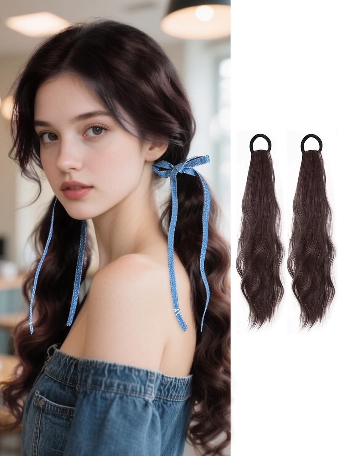 2PCS Curly Ponytail Extension with Elastic Tie 17 Inch Natural Wavy Hairpiece Synthetic Pony Tail Hair Extensions Wave Fake Ponytail Hairpieces for Women Daily Wear