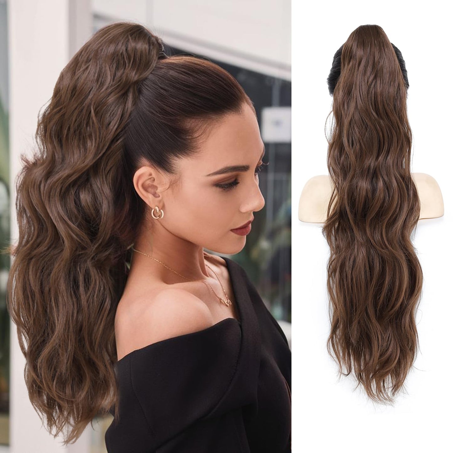 Long Wavy Ponytail Extension, 26" Claw Clip Ponytail Extension for Women Long Wavy Pony Tails Hair Extensions Synthetic Clip in Ponytail for Daily Use
