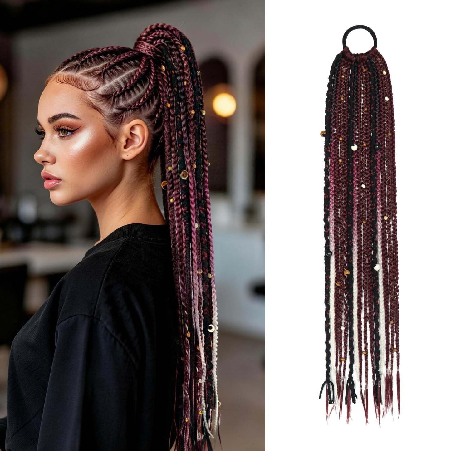 24" Boho Braided Ponytail Extension with Hair Ties, Hand-braided fashionable Long Viking Dreadlock Beads Ponytail Synthetic Hairpiece