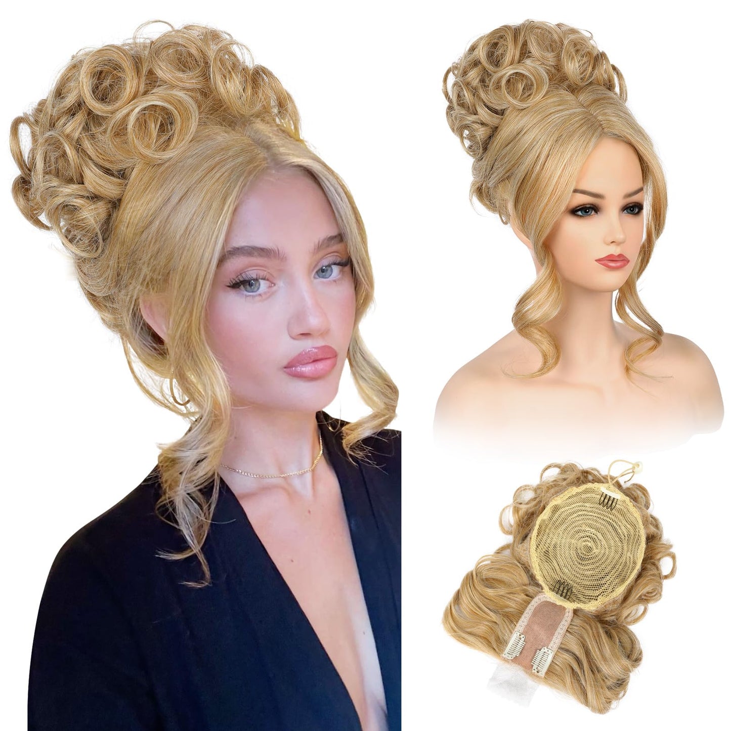 Bun Hair Piece with Bangs - 2-in-1 Hair Bun Hairpieces Curly Updo Wig & Hair Topper with Long Side Bangs Natural-Looking Drawstring Ponytail Extension for Women