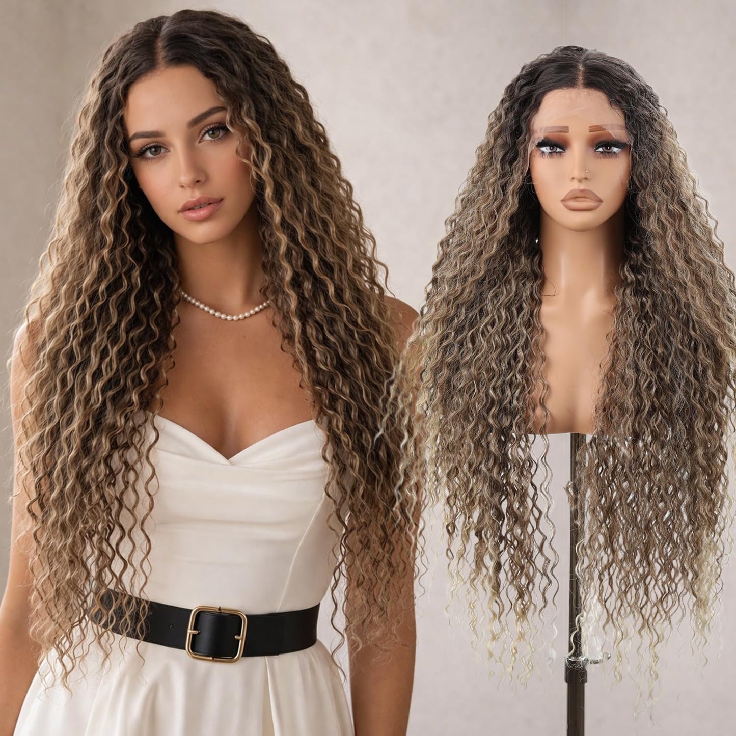 Deep Wave Synthetic Lace Front Wigs Long Curly Wigs for Women 34 inch Natural Looking Middle Wig for Daily Party Use