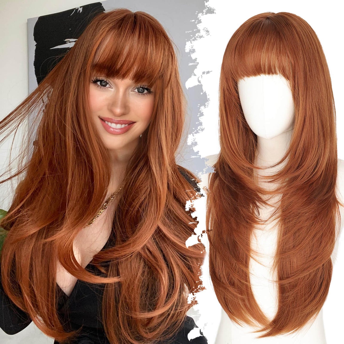 Long Wig with Bangs for Women,Layered Hairstyle Synthetic Heat Resistant for Daily Party Use