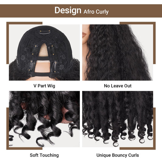 Afro Wig V Part Kinky Curly Wigs for Black Women, 180% Density Wear and Go Glueless Wig with Unique Bouncy Curls in the End, Synthetic No Leave out Clip in