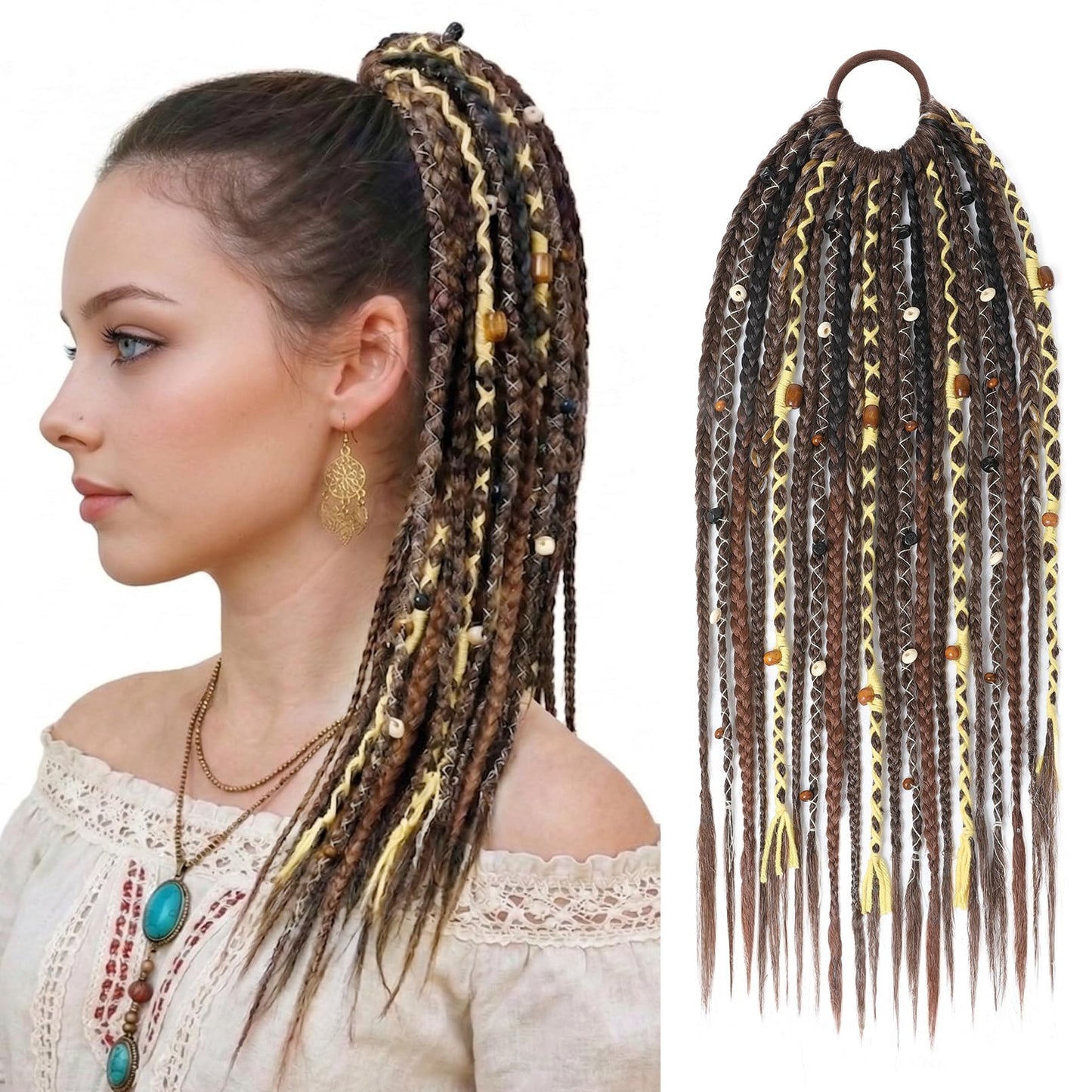 Braided Ponytail Extension on Hair Tie, 16" Full Volume Lightweight Viking Dreadlock Ponytail Braid in Dreadlock Extensions with Beads and Shells, Festival Hair Accessories for Women Girls