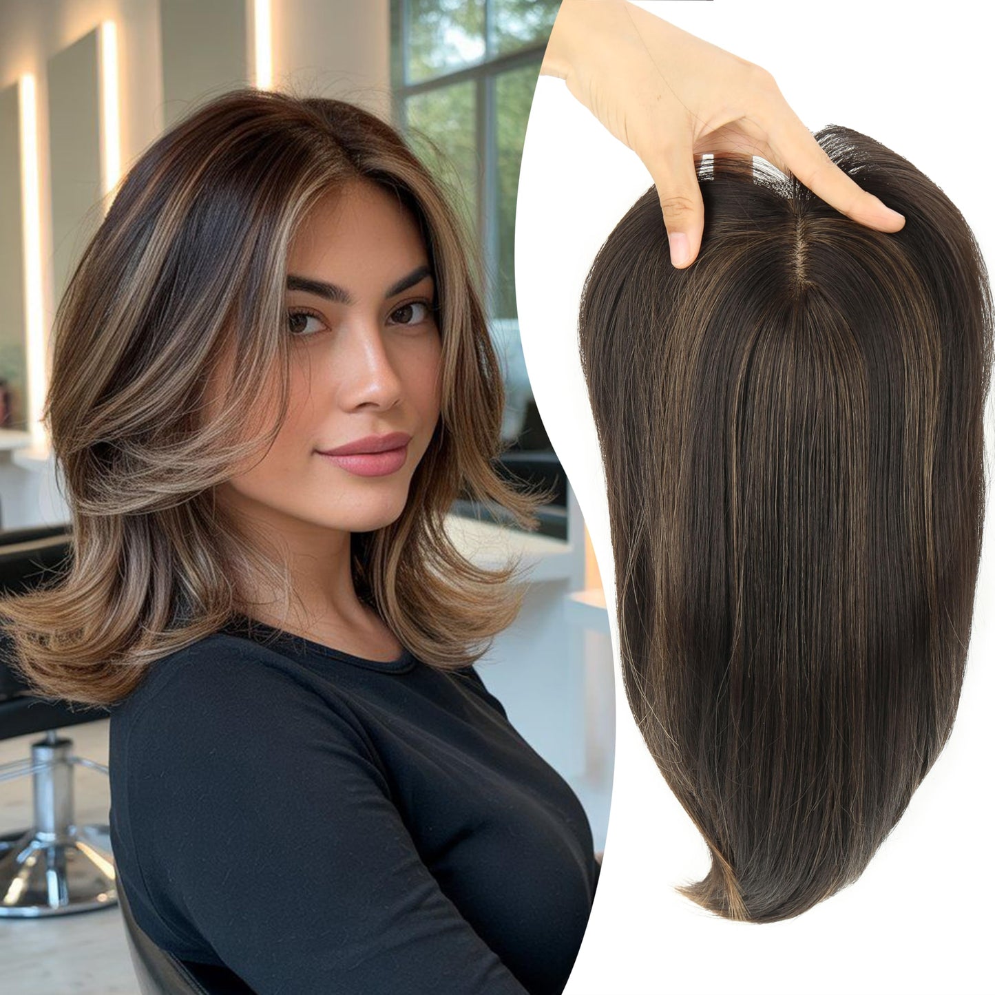 XC CLOUDS Synthetic Hair Topper with Bangs 14 Inch Hair Toppers for Women 5.5" x 5" hand Tied Forehead Hairline 360° 3D Cover Wispy Synthetic hair toppers for thinning hair in Blunt Wispy Bangs