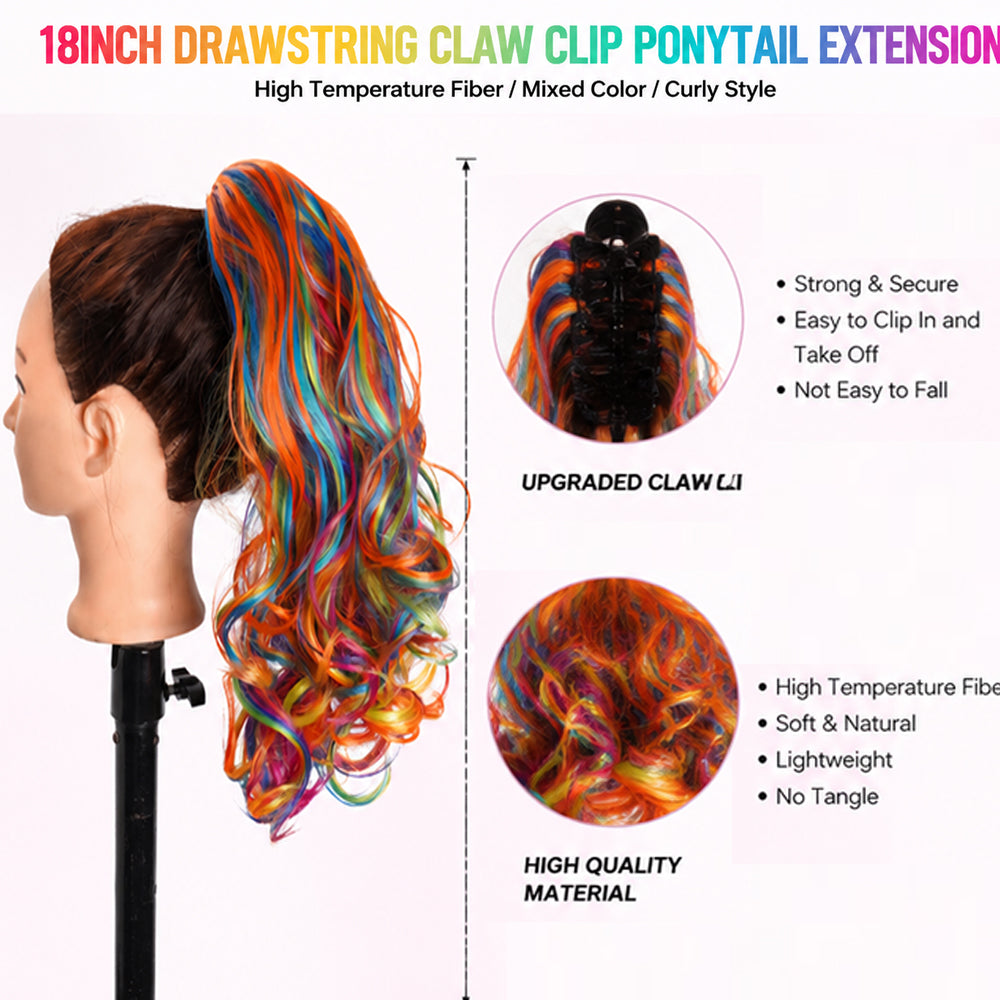 18-Inch Multicolor Colorful Claw Clip Ponytail -Heat Resistant Synthetic Hair Curly Hair Ponytail Hairpiece Cheerleading Hairstyle For Football Game, Fashion Long Wavy Hair Extension For Music Festivals, Party, Vocation