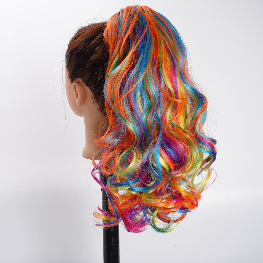 18-Inch Multicolor Colorful Claw Clip Ponytail -Heat Resistant Synthetic Hair Curly Hair Ponytail Hairpiece Cheerleading Hairstyle For Football Game, Fashion Long Wavy Hair Extension For Music Festivals, Party, Vocation