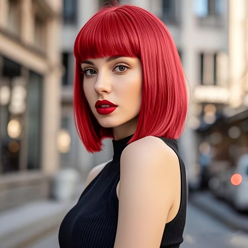Short Bob Red  Wig with Bangs  Red Short Wigs for Women Straight Bob White Cospaly Hair Wig for Daily Party Mother's Day