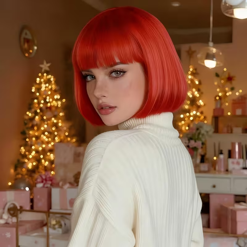 Short Bob Red  Wig with Bangs  Red Short Wigs for Women Straight Bob White Cospaly Hair Wig for Daily Party Mother's Day