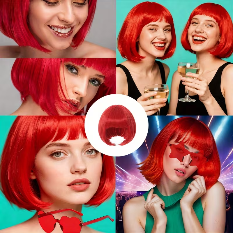 Short Bob Red  Wig with Bangs  Red Short Wigs for Women Straight Bob White Cospaly Hair Wig for Daily Party Mother's Day