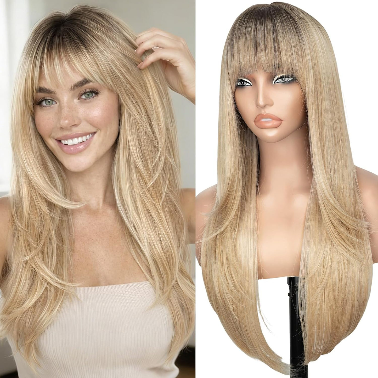 26" Glueless Black Wig with Curtain Bangs - Long Straight Synthetic Hair, Upgraded Premium Fibers for Natural Look & Fullness, Easy No-Glue Application, Everyday & Special Events - Women's Hair Wig, Event Hairpiece, Sleek Straight Hairpiece