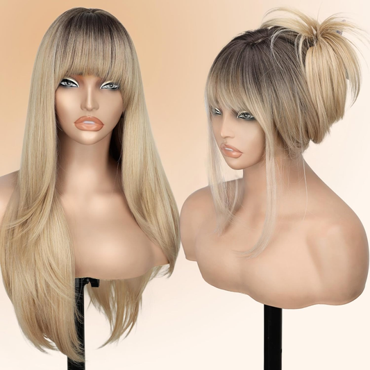 26" Glueless Black Wig with Curtain Bangs - Long Straight Synthetic Hair, Upgraded Premium Fibers for Natural Look & Fullness, Easy No-Glue Application, Everyday & Special Events - Women's Hair Wig, Event Hairpiece, Sleek Straight Hairpiece