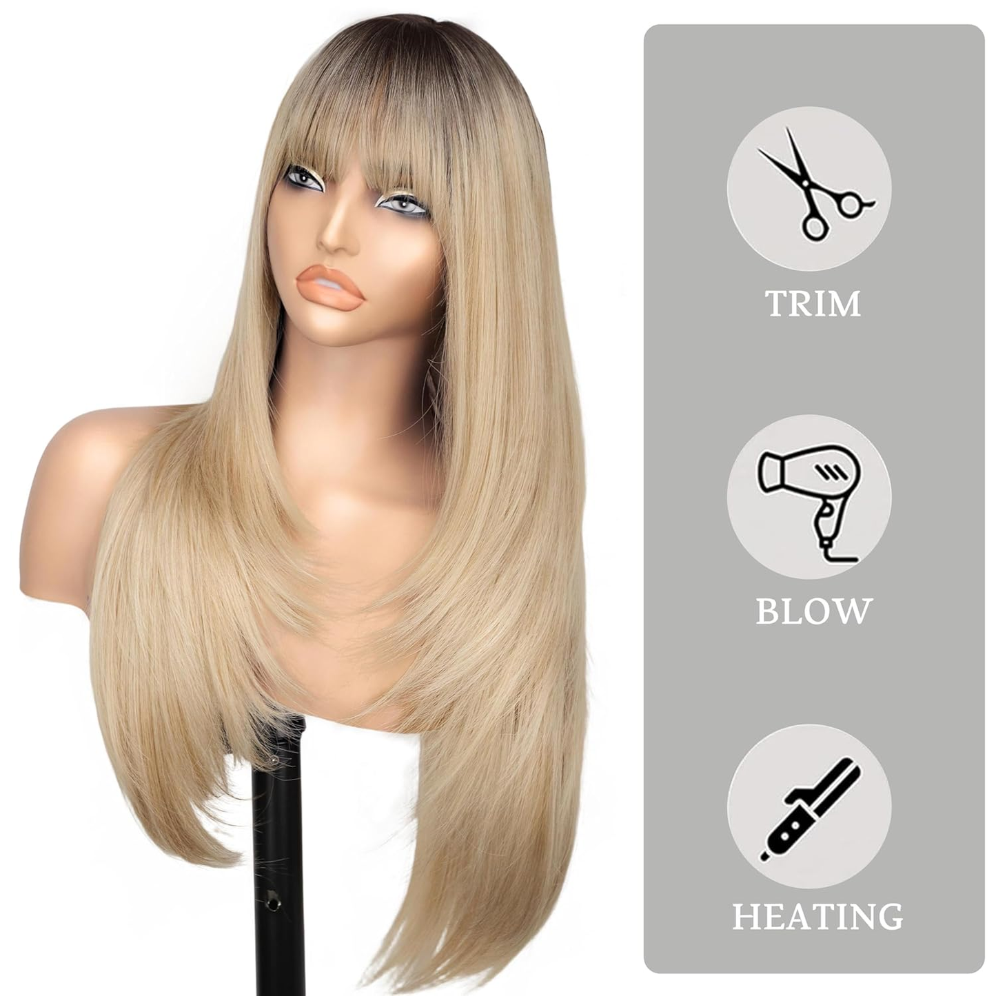 26" Glueless Black Wig with Curtain Bangs - Long Straight Synthetic Hair, Upgraded Premium Fibers for Natural Look & Fullness, Easy No-Glue Application, Everyday & Special Events - Women's Hair Wig, Event Hairpiece, Sleek Straight Hairpiece
