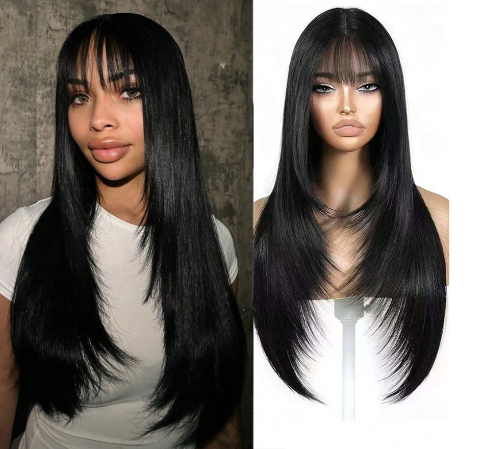 26" Glueless Black Wig with Curtain Bangs - Long Straight Synthetic Hair, Upgraded Premium Fibers for Natural Look & Fullness, Easy No-Glue Application, Everyday & Special Events - Women's Hair Wig, Event Hairpiece, Sleek Straight Hairpiece