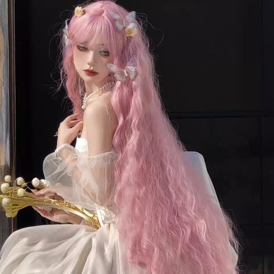 Pink Wig for Women, Long Pink Wavy Wig with Bangs 26 Inch Wigs Natural Looking Heat Resistant Synthetic Wig for Daily Party Use