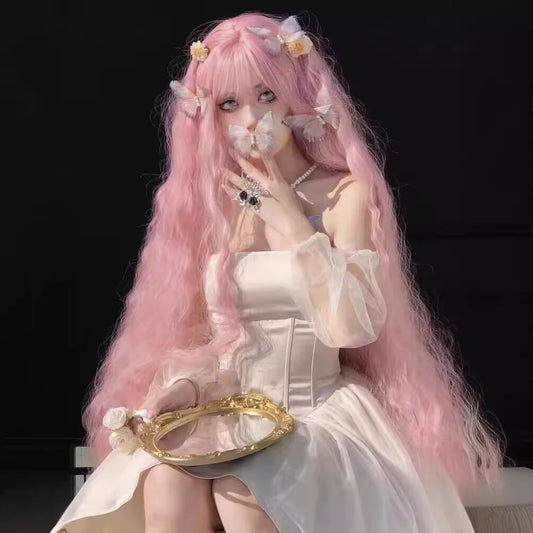 Pink Wig for Women, Long Pink Wavy Wig with Bangs 26 Inch Wigs Natural Looking Heat Resistant Synthetic Wig for Daily Party Use