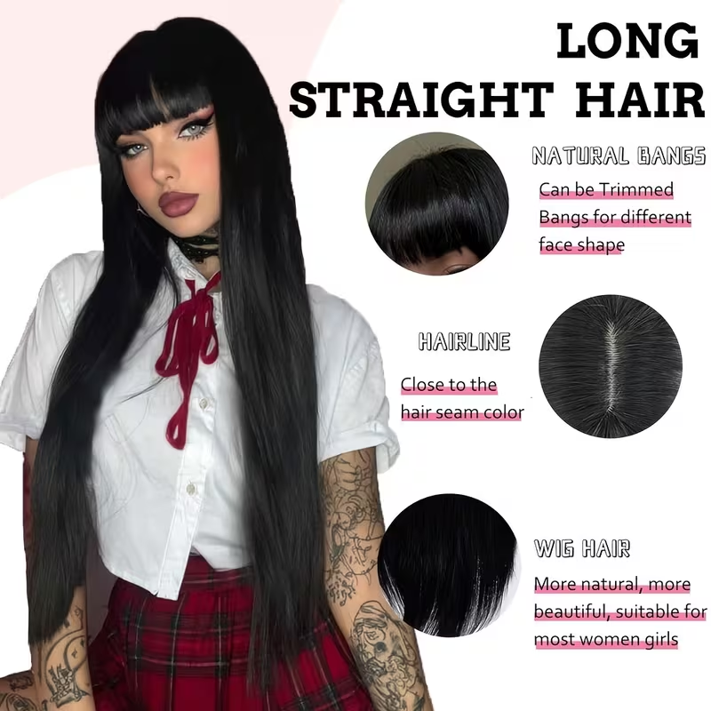 Black Straight Hair 26inch, Women's Wig, Synthetic Fiber, Suitable for Daily Use, Cosplay, Anime Music, Party Carnival,
