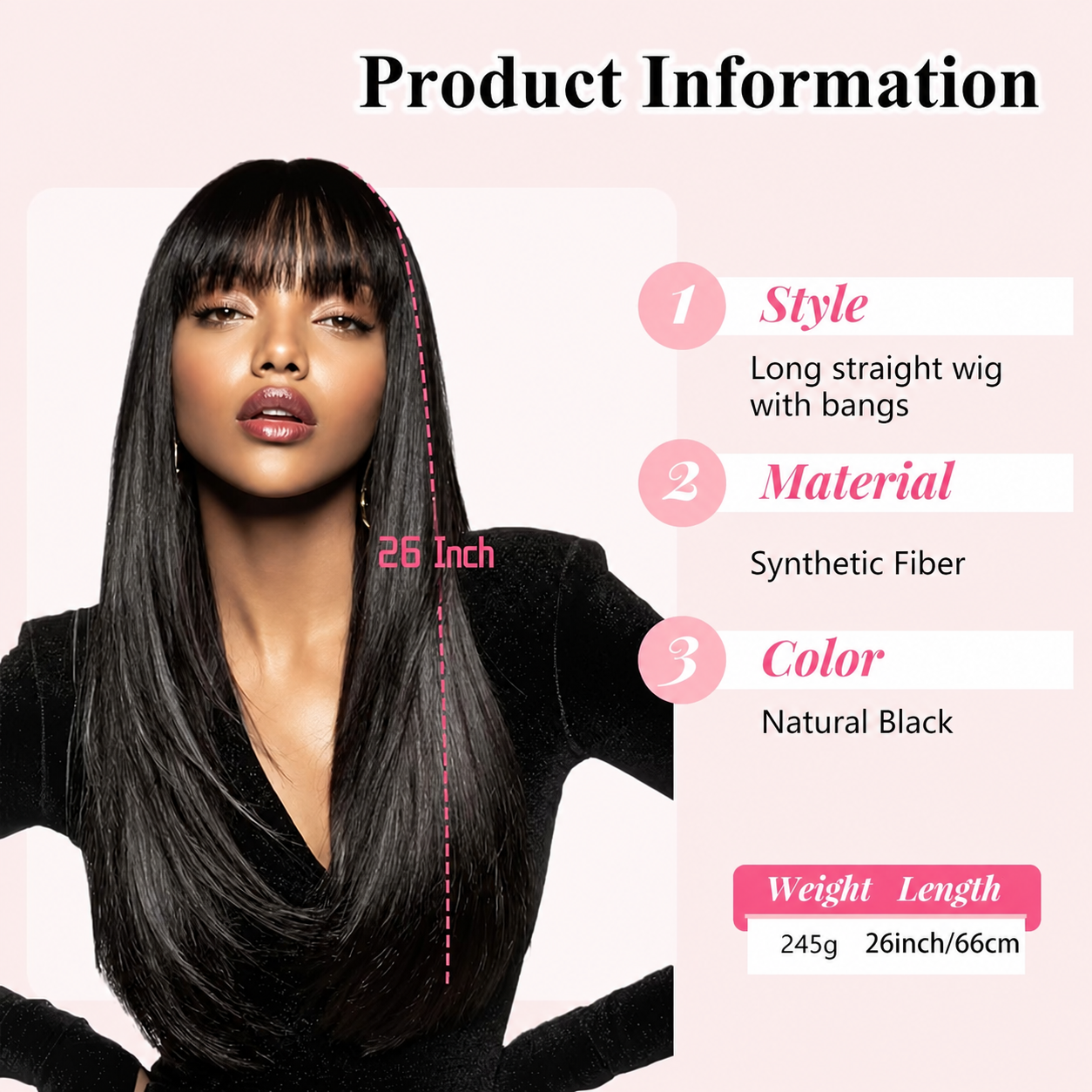 Black Straight Hair 26inch, Women's Wig, Synthetic Fiber, Suitable for Daily Use, Cosplay, Anime Music, Party Carnival,