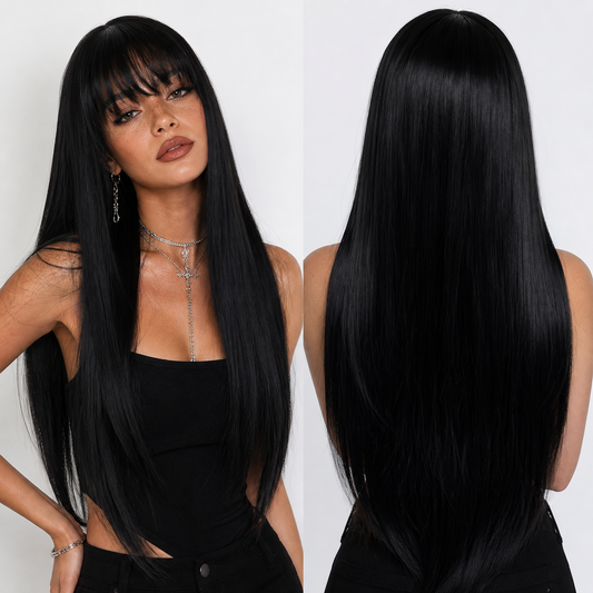 Black Straight Hair 26inch, Women's Wig, Synthetic Fiber, Suitable for Daily Use, Cosplay, Anime Music, Party Carnival,