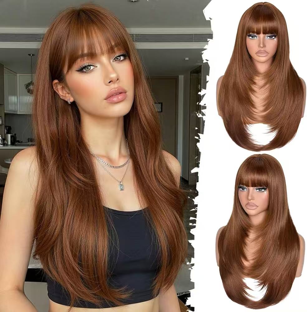 Long Layered Ginger Wig with Bangs for Women 26 Inch Scalp Heat Resistant Synthetic Wig Looking Ginger Orange Wigs for Daily Wear & Part