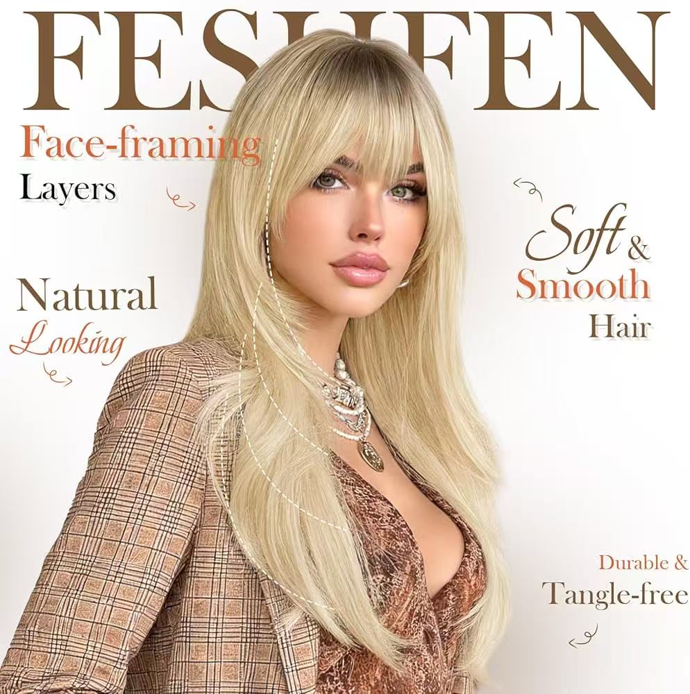 Long Layered Ginger Wig with Bangs for Women 26 Inch Scalp Heat Resistant Synthetic Wig Looking Ginger Orange Wigs for Daily Wear & Part