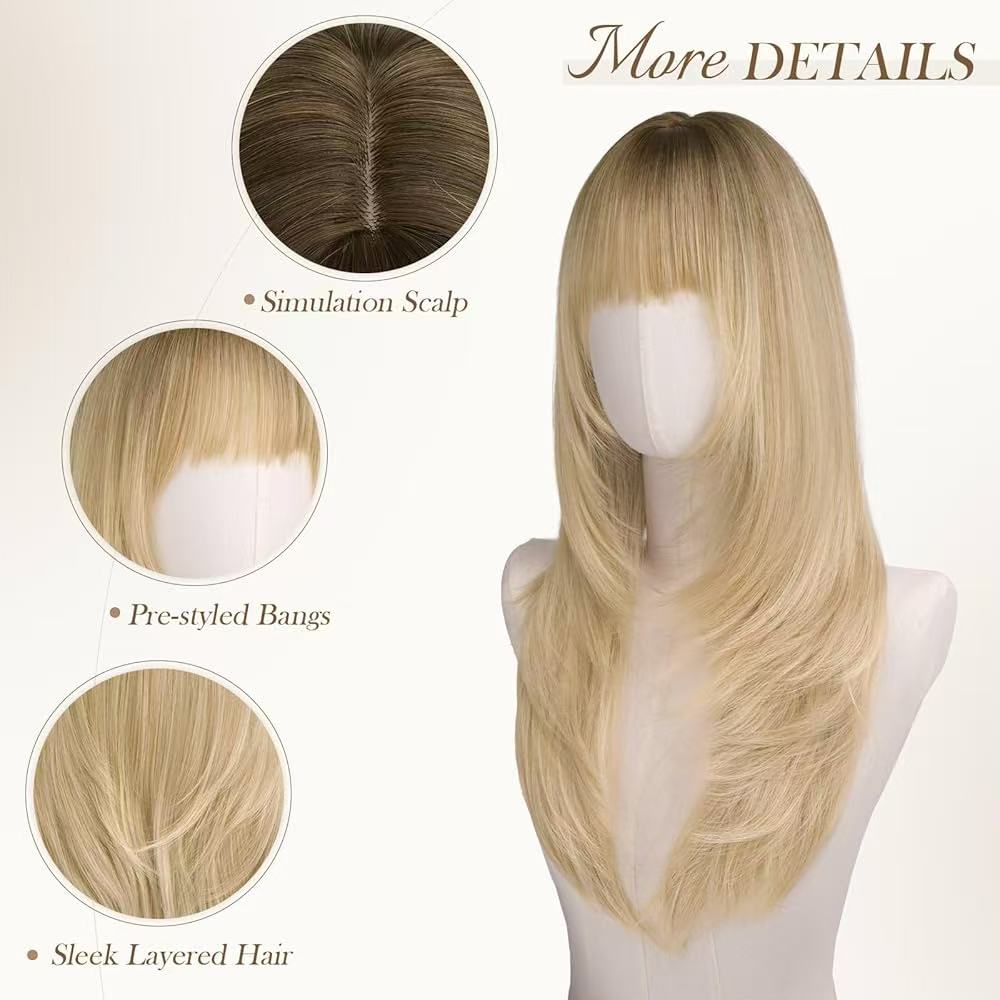 Long Layered Ginger Wig with Bangs for Women 26 Inch Scalp Heat Resistant Synthetic Wig Looking Ginger Orange Wigs for Daily Wear & Part