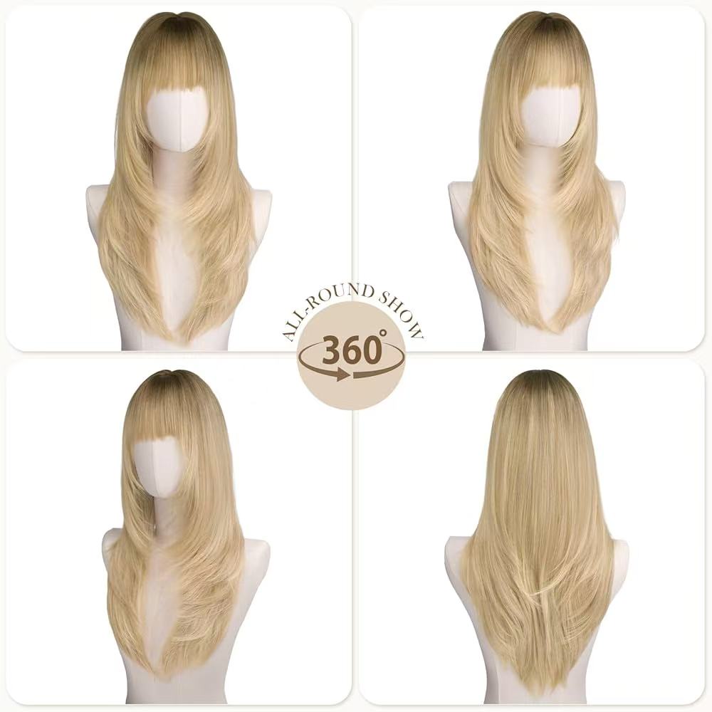 Long Layered Ginger Wig with Bangs for Women 26 Inch Scalp Heat Resistant Synthetic Wig Looking Ginger Orange Wigs for Daily Wear & Part