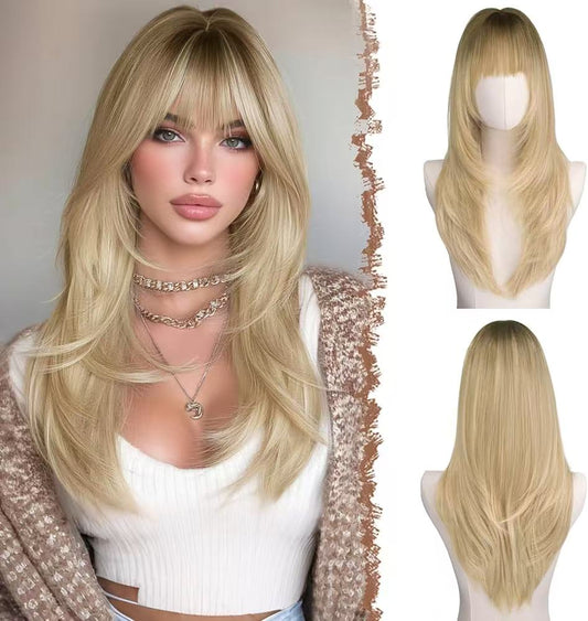 Long Layered Ginger Wig with Bangs for Women 26 Inch Scalp Heat Resistant Synthetic Wig Looking Ginger Orange Wigs for Daily Wear & Part