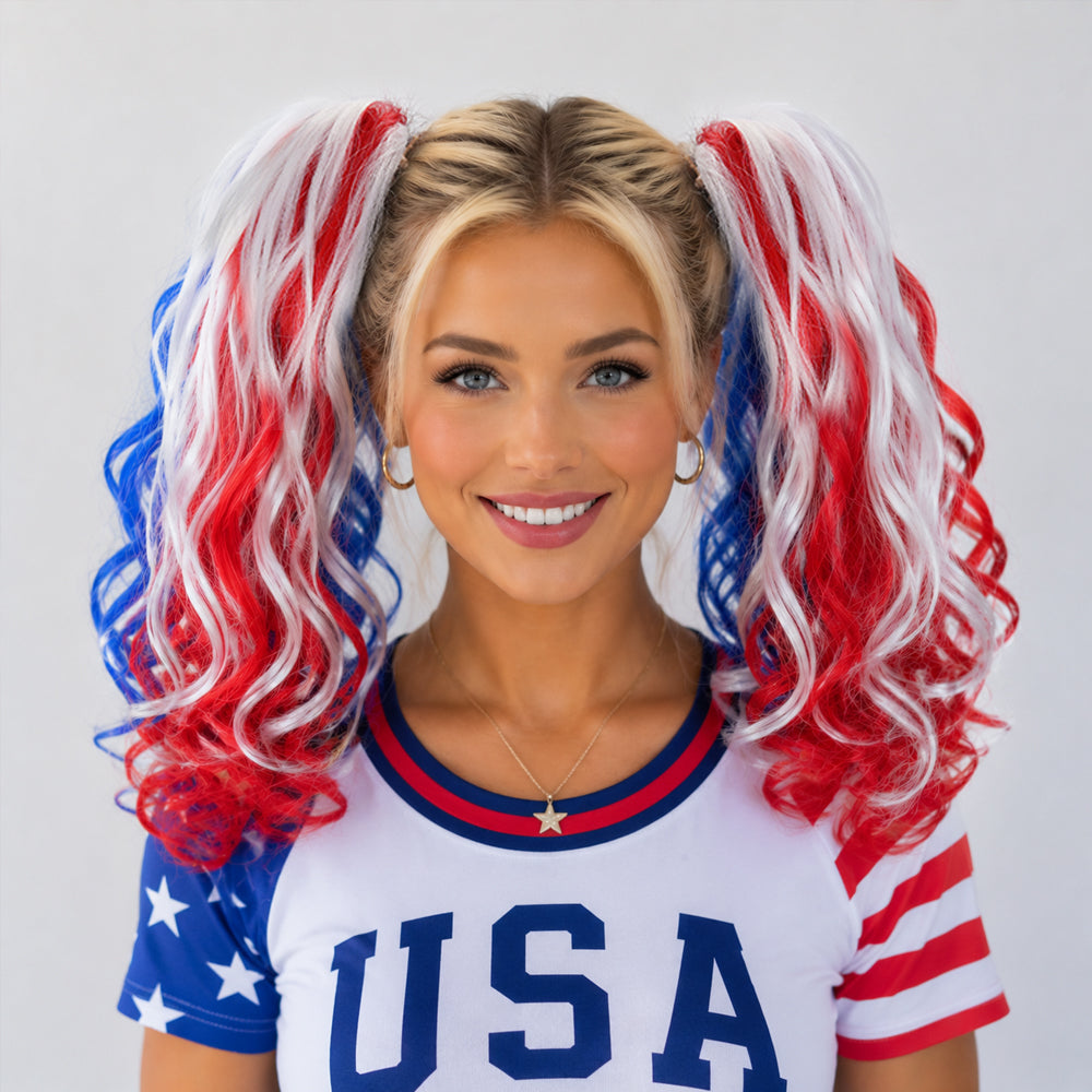 18inch Blue+Red+White Color Wavy Ponytail for World Cup, Football Game, Independent Day, Hollaween Festival, Party, Long Wavy Drawstring Clawlclip Ponytail Hairpeice for Cheerleading Team & Festival Events
