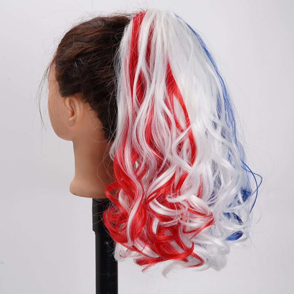 18inch Blue+Red+White Color Wavy Ponytail for World Cup, Football Game, Independent Day, Hollaween Festival, Party, Long Wavy Drawstring Clawlclip Ponytail Hairpeice for Cheerleading Team & Festival Events
