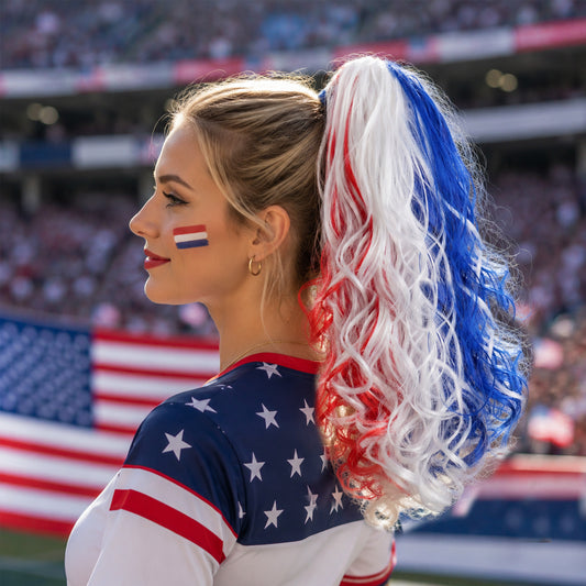 18inch Blue+Red+White Color Wavy Ponytail for World Cup, Football Game, Independent Day, Hollaween Festival, Party, Long Wavy Drawstring Clawlclip Ponytail Hairpeice for Cheerleading Team & Festival Events
