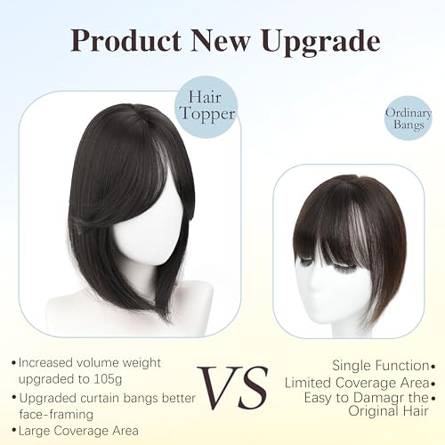 XC CLOUDS Synthetic Hair Topper with Bangs 14 Inch Hair Toppers for Women 5.5" x 5" hand Tied Forehead Hairline 360° 3D Cover Wispy Synthetic hair toppers for thinning hair in Blunt Wispy Bangs