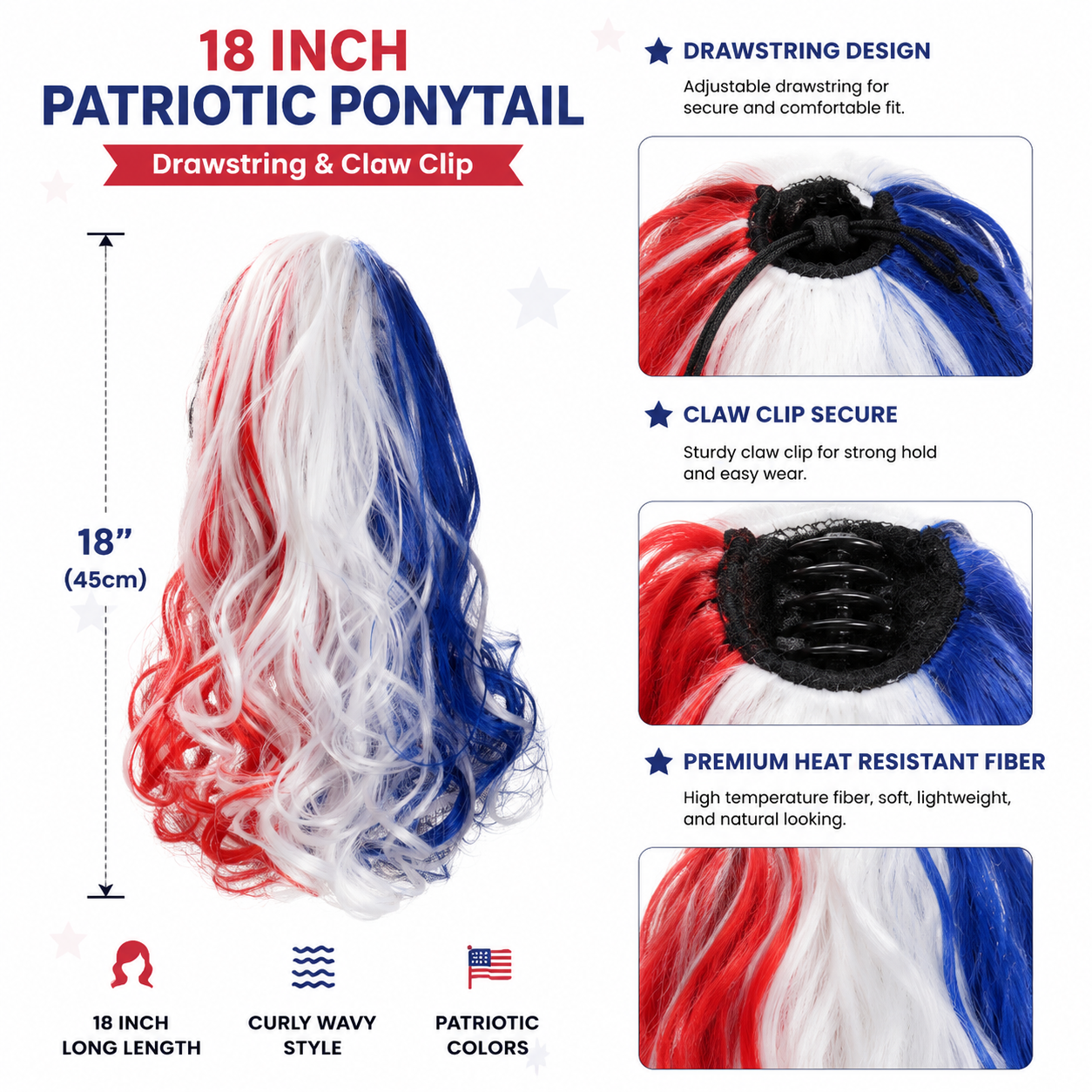 18inch Blue+Red+White Color Wavy Ponytail for World Cup, Football Game, Independent Day, Hollaween Festival, Party, Long Wavy Drawstring Clawlclip Ponytail Hairpeice for Cheerleading Team & Festival Events