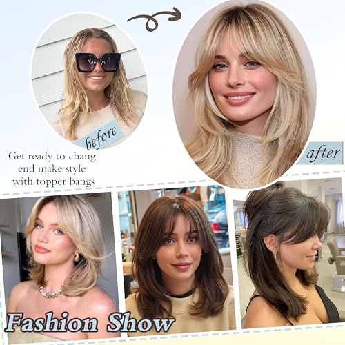 XC CLOUDS Synthetic Hair Topper with Bangs 14 Inch Hair Toppers for Women 5.5" x 5" hand Tied Forehead Hairline 360° 3D Cover Wispy Synthetic hair toppers for thinning hair in Blunt Wispy Bangs