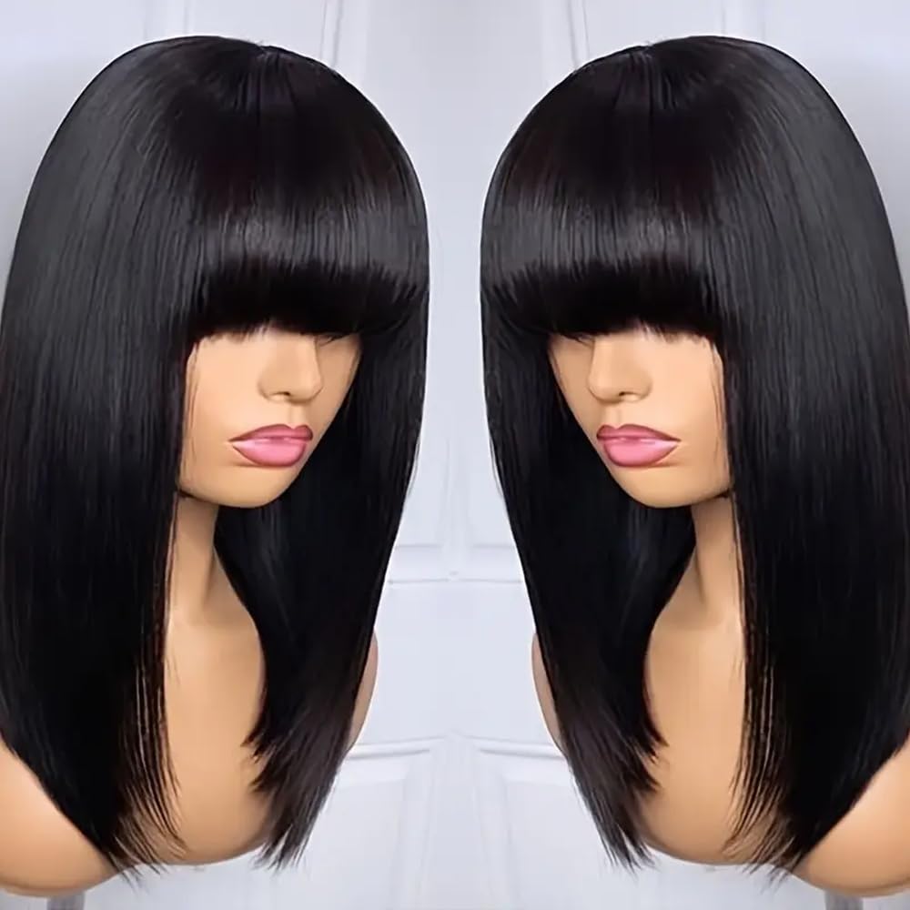 XCHJH Bob Wig with Bangs Short Straight Wigs for Women Shoulder Length Bob Wigs Heat Resistant Fiber Synthetic Hair Natural Looking Hair Replacement Wigs