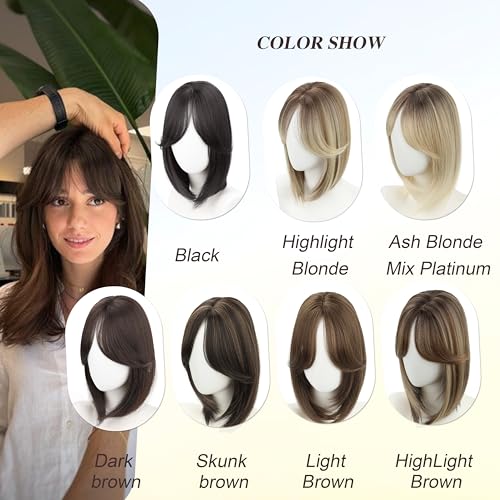 XC CLOUDS Synthetic Hair Topper with Bangs 14 Inch Hair Toppers for Women 5.5" x 5" hand Tied Forehead Hairline 360° 3D Cover Wispy Synthetic hair toppers for thinning hair in Blunt Wispy Bangs