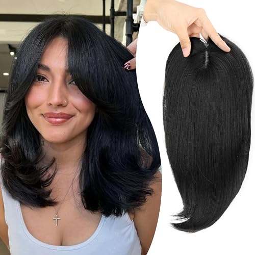 XC CLOUDS Synthetic Hair Topper with Bangs 14 Inch Hair Toppers for Women 5.5" x 5" hand Tied Forehead Hairline 360° 3D Cover Wispy Synthetic hair toppers for thinning hair in Blunt Wispy Bangs