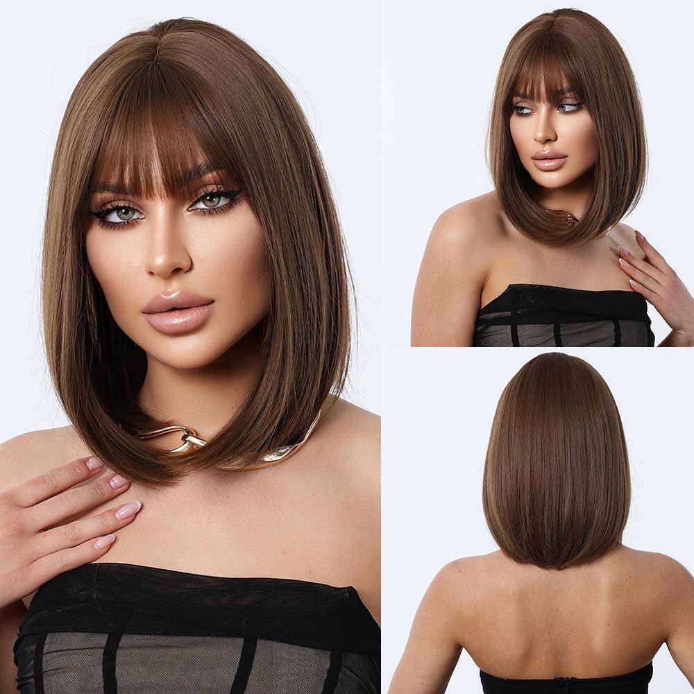 Bob Wig with Bangs-12'' Short Straight Bob Wigs for Women Super Soft and Easy to Wear, Colorful Synthetic Wig for Daily, Cosplay, Halloween