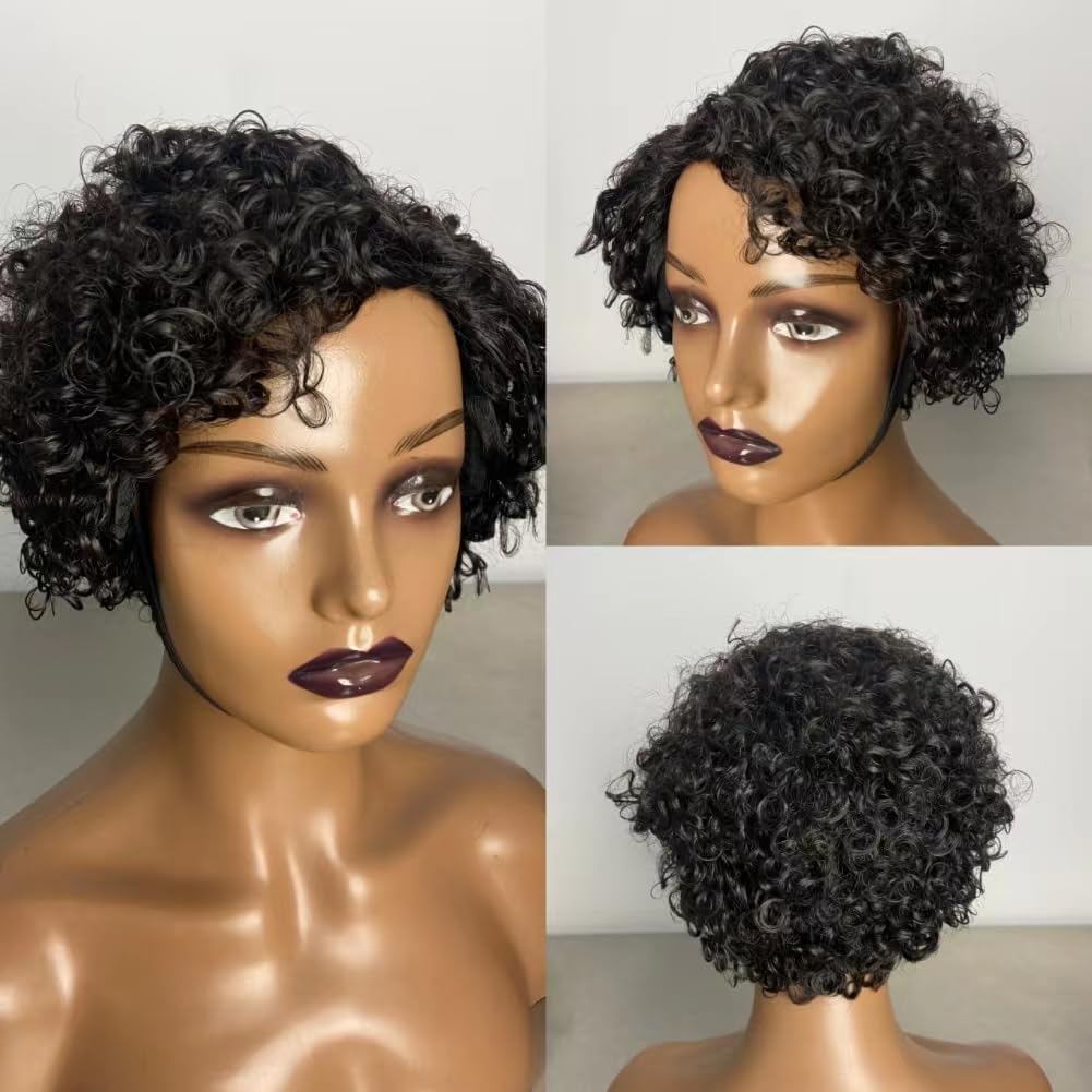 Short Curly Human Hair Wigs for Black Women, Side Part Wig, Pixie Cut Brazilian Remy Human Hair, Deep Curly None Lace Front Ombre Blonde Wigs