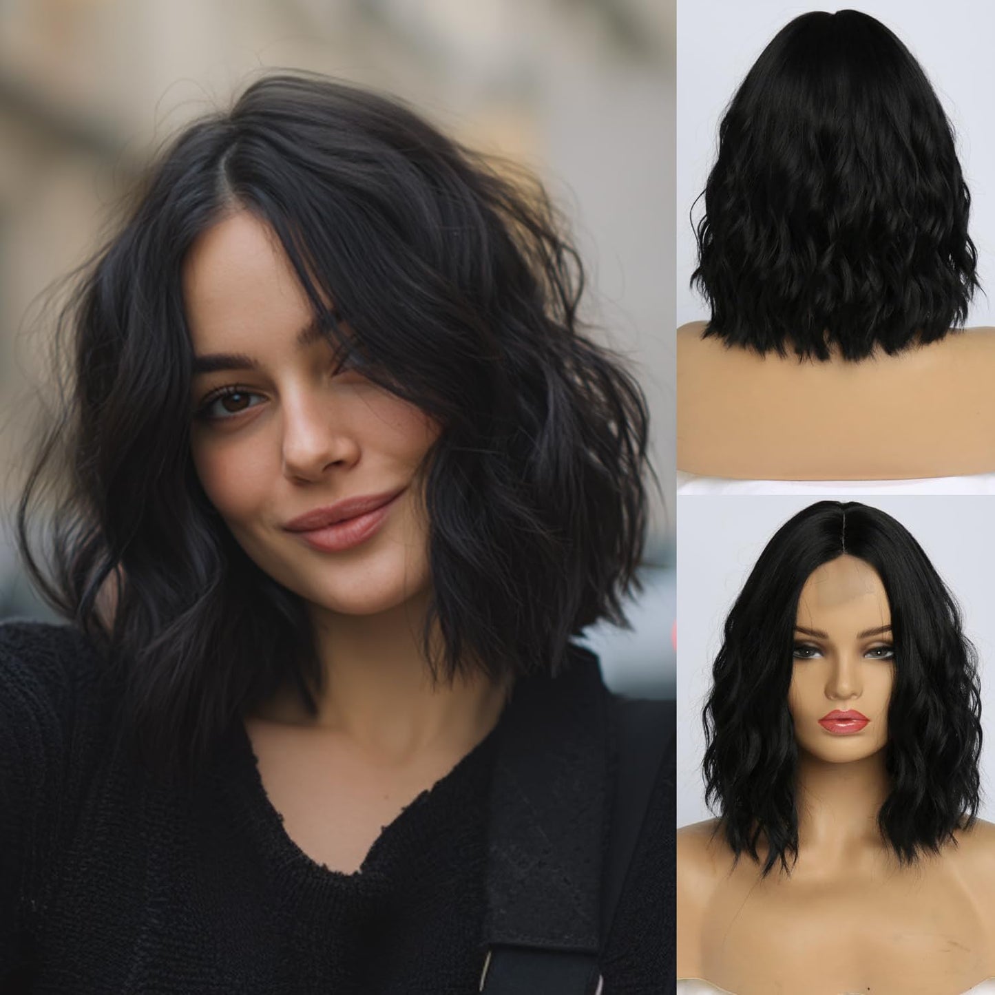 Short Wavy Bob Wigs for Women Water Wave Shoulder Length Synthetic Hair Wig Middle Part Natural Looking