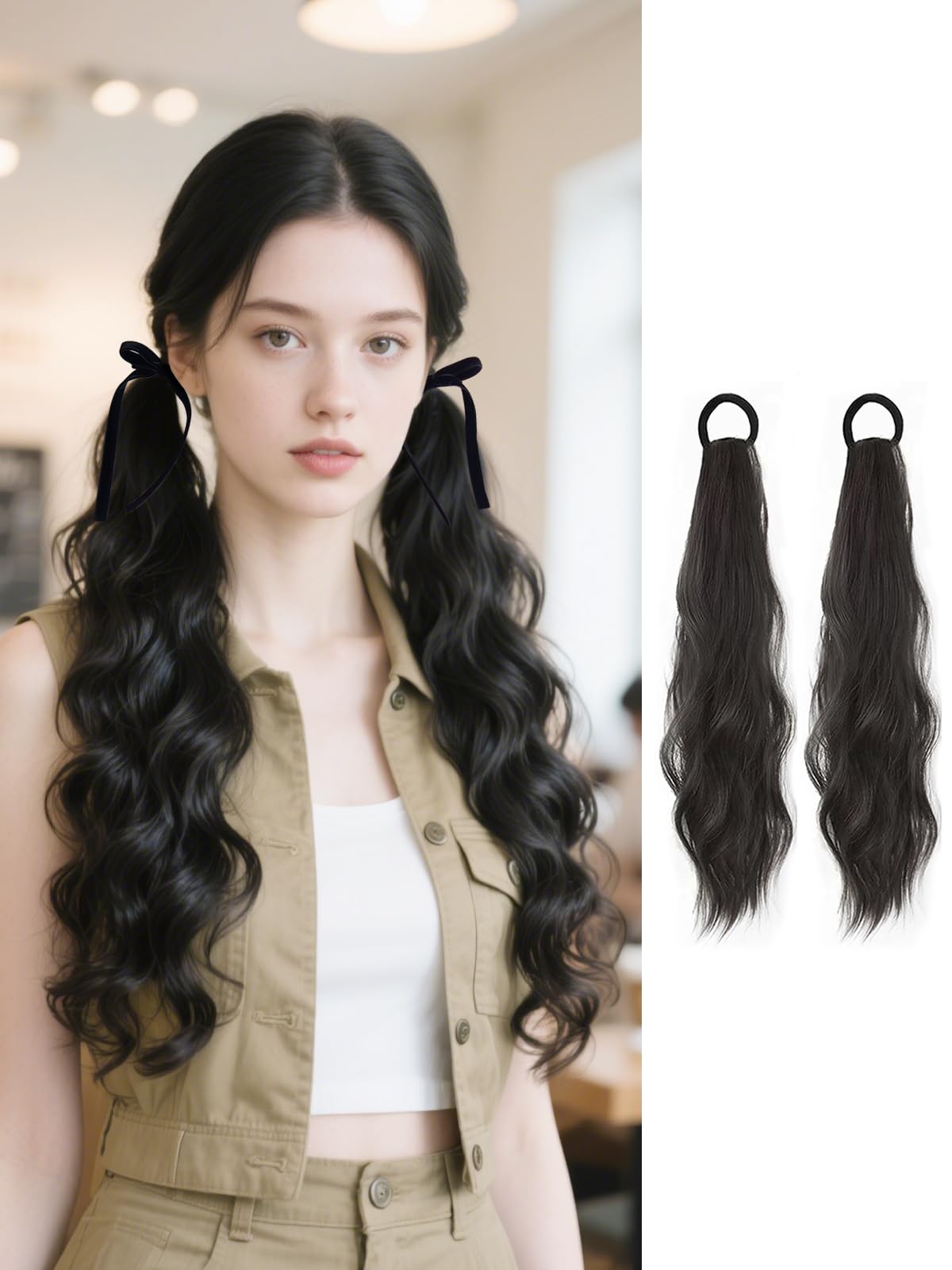 2PCS Curly Ponytail Extension with Elastic Tie 17 Inch Natural Wavy Hairpiece Synthetic Pony Tail Hair Extensions Wave Fake Ponytail Hairpieces for Women Daily Wear