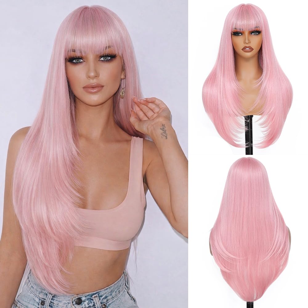 YKHJH Long Straight Wigs for Women,28 inch Glueless Synthetic Wig with Bangs,Layered Synthetic Womens Wigs for Daily Party Cosplay (Brown)