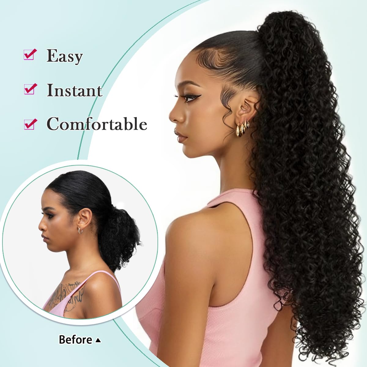 Drawstring Ponytail Extension for Women Curly Ponytail Extension Synthetic Hair Natural Wavy Hair Pieces for Daily Use