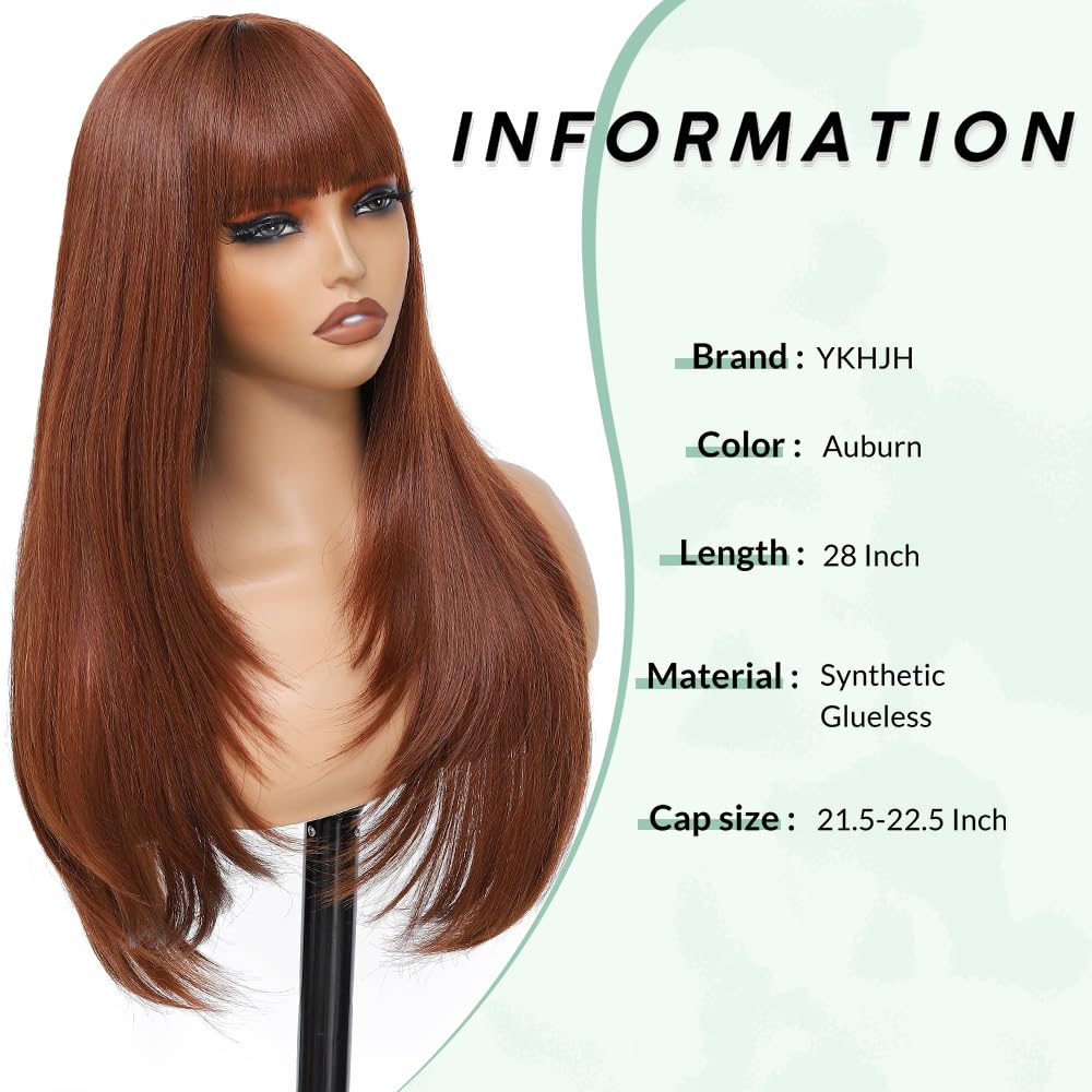 YKHJH Long Straight Wigs for Women,28 inch Glueless Synthetic Wig with Bangs,Layered Synthetic Womens Wigs for Daily Party Cosplay (Brown)